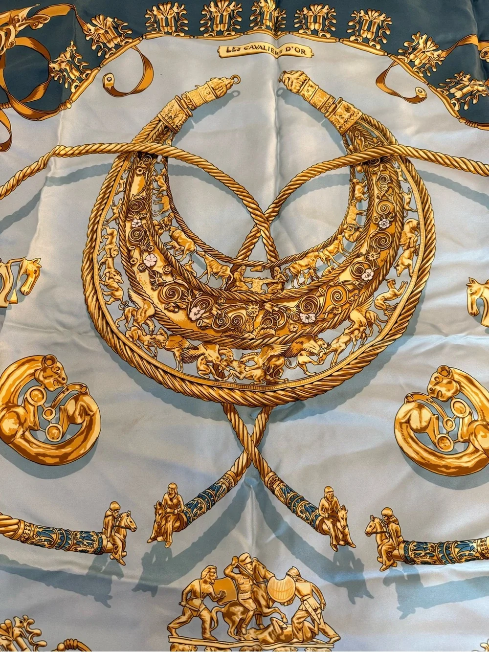Authentic Hermès Les Cavaliers D'Or Silk Scarf 90 Teal Gold Vintage